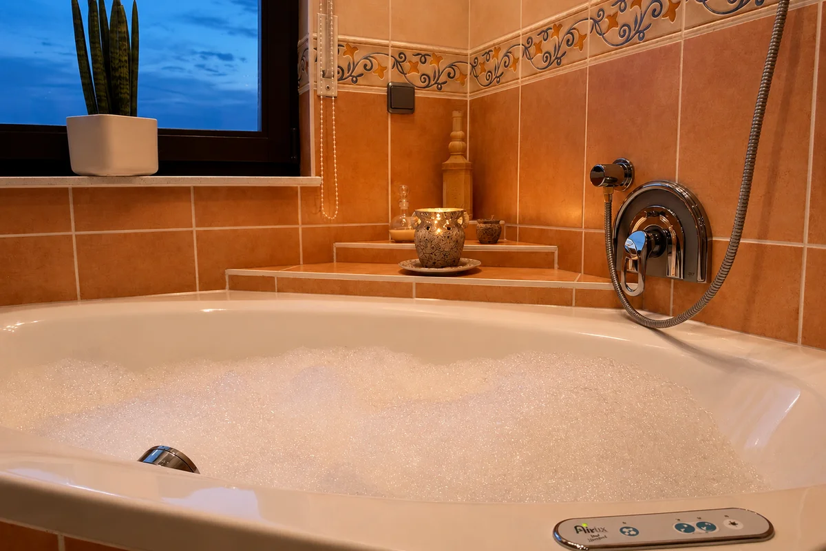 Großes Badezimmer der Ferienwohnung Am Wäldchen mit XL-Whirlpool-Badewanne und Fensterblick ins Grüne