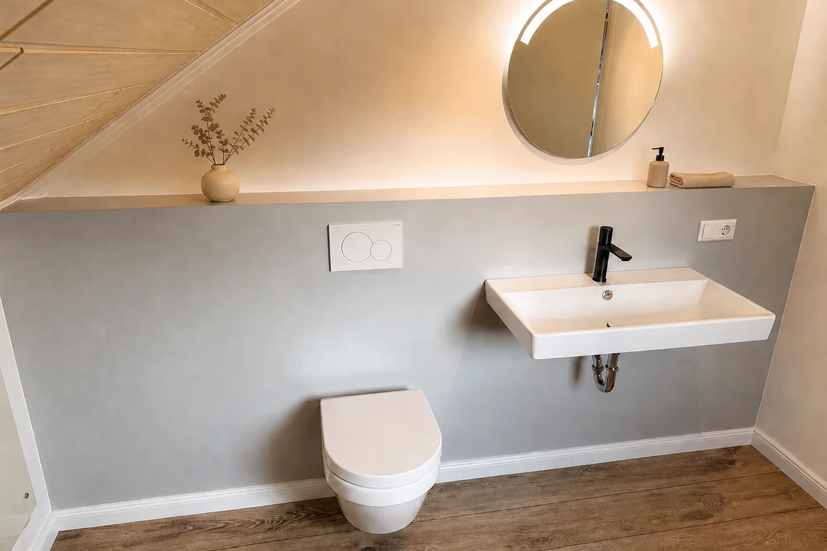 Zweites Bad der Ferienwohnung Am Wäldchen unter der Dachschräge mit Wand-WC, Waschtisch und rundem LED-Spiegel