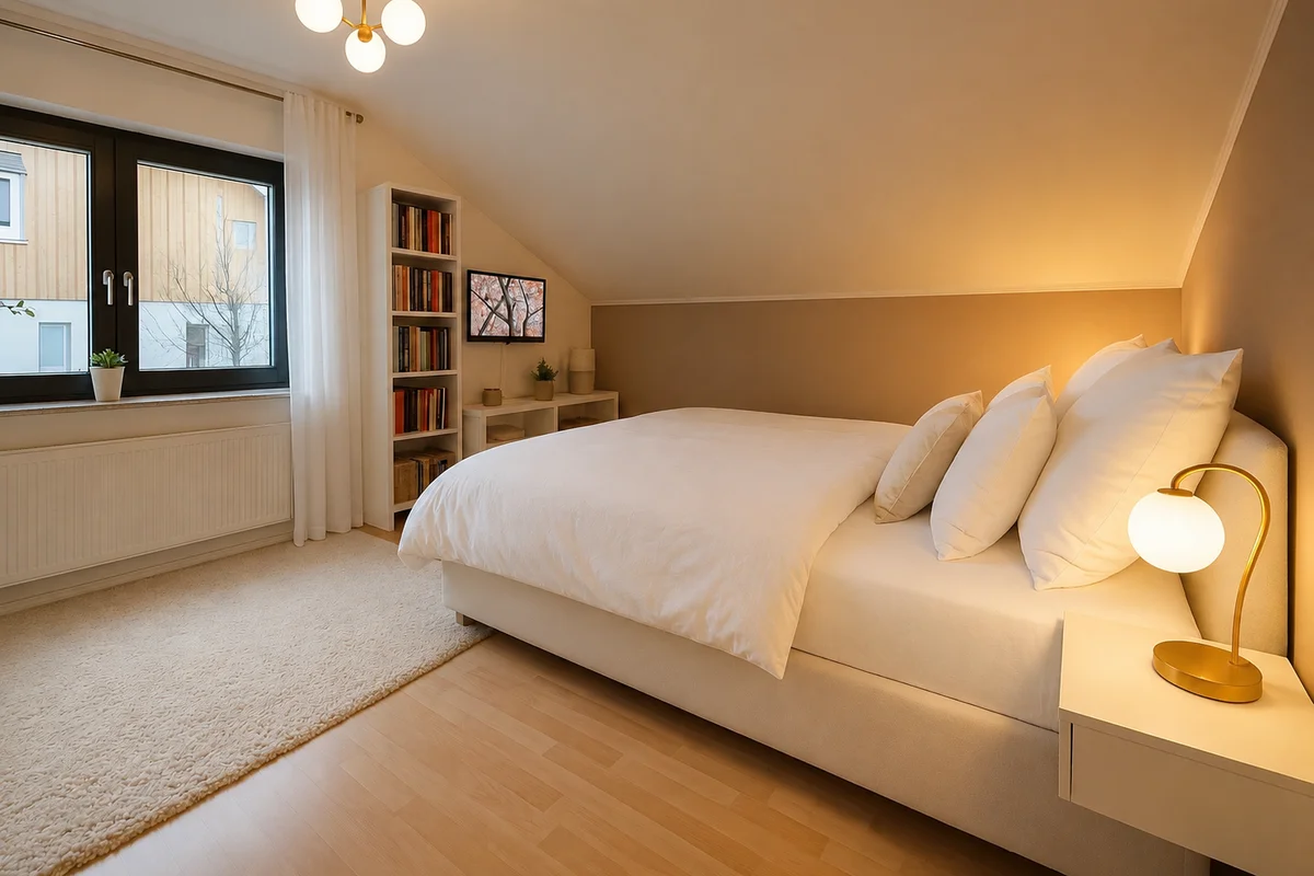 Modernes Gästezimmer der Ferienwohnung Am Wäldchen mit großem Bett