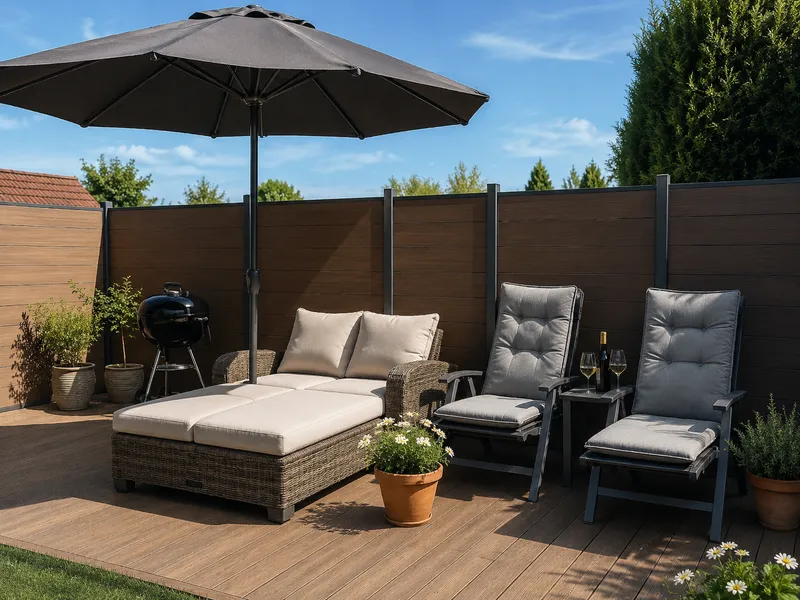 Terrasse der Ferienwohnung Am Wäldchen mit Liegestühlen und Grill
